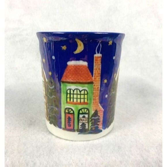 Ceramic Coffee Tea Mug by Cardinal Inc with Winter Village Scene Blue Handle - Picture 2 of 7